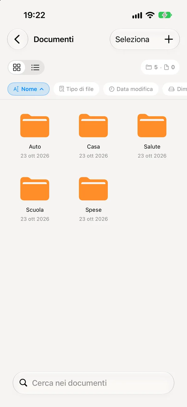 I documenti di famiglia divisi in cartelle