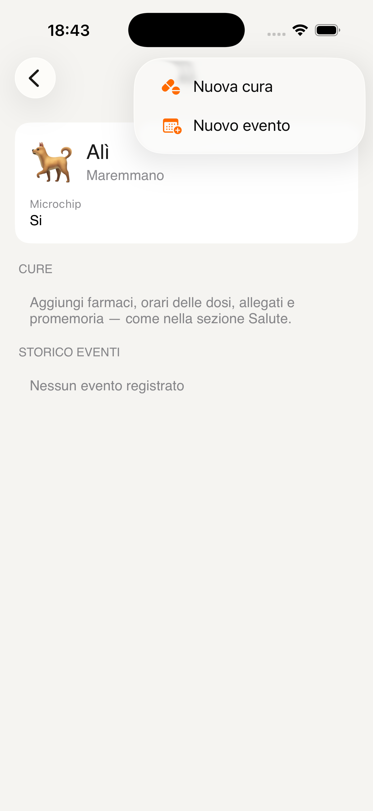Menu nuova cura o evento